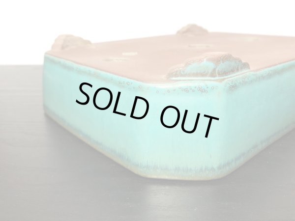 画像2: 常滑鉢　「松泉焼　山秋」　織部釉内縁長方鉢 (2)